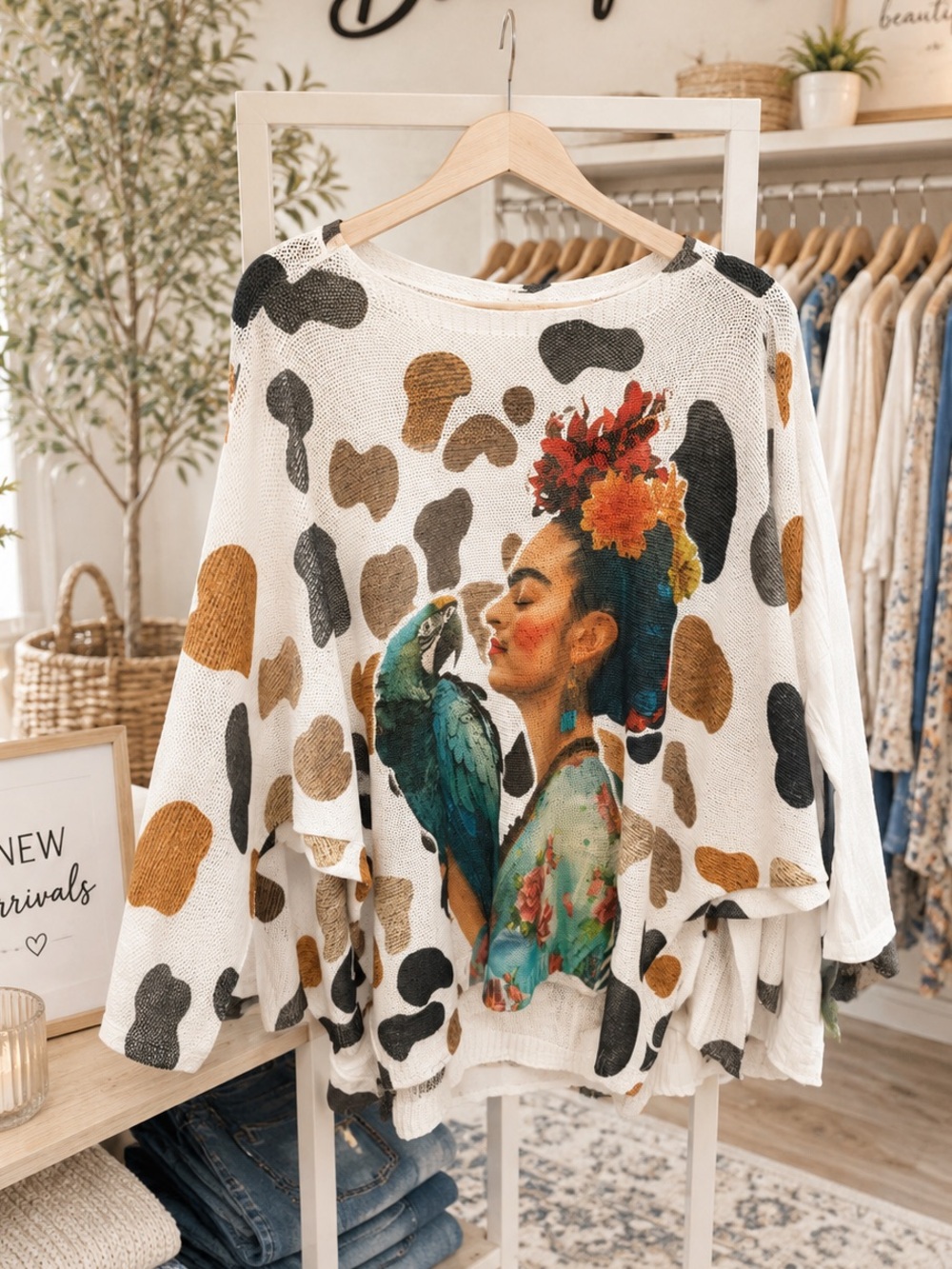C08. From Italy 🇮🇹 Cream Graphic Frida Sweater with Multicolor Parrot Print